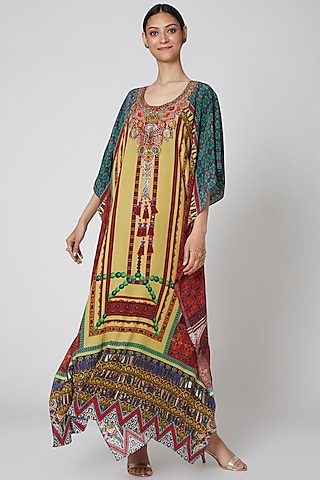 Yellow & Brown Tassel Printed Kaftan by First Resort by Ramola Bachchan