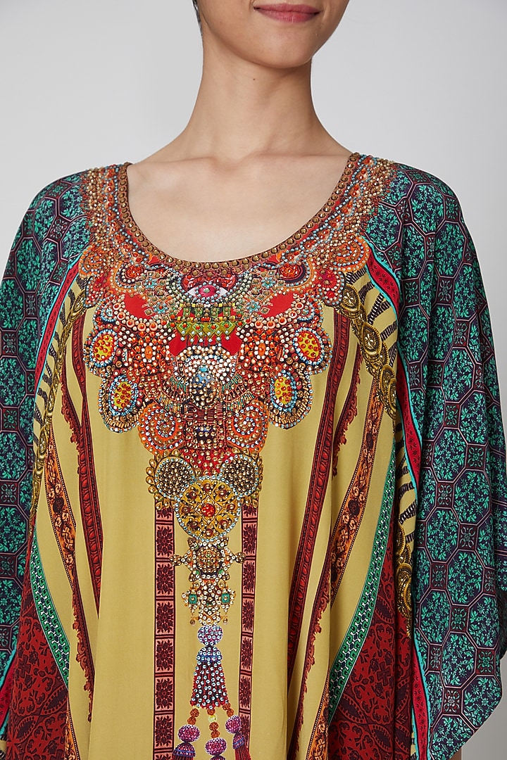 Yellow & Brown Tassel Printed Kaftan by First Resort by Ramola Bachchan at Pernia's Pop Up Shop
