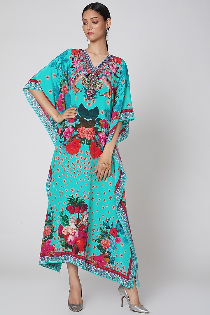 Sky Blue Floral Printed Kaftan by First Resort by Ramola Bachchan at Pernia's Pop Up Shop