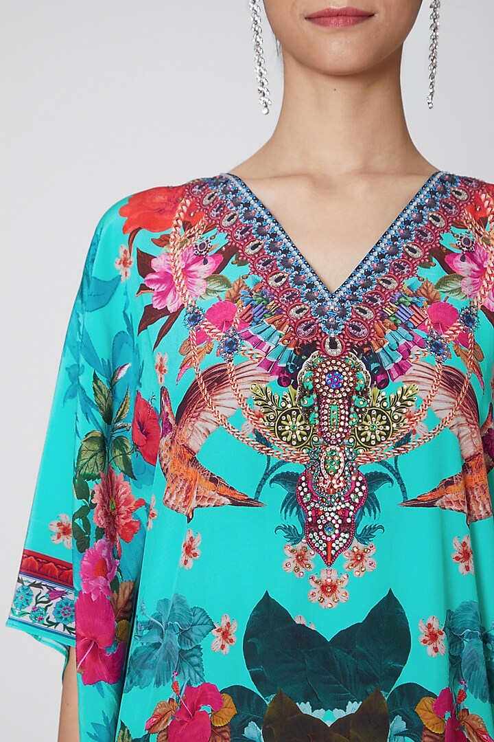 Sky Blue Floral Printed Kaftan by First Resort by Ramola Bachchan at Pernia's Pop Up Shop