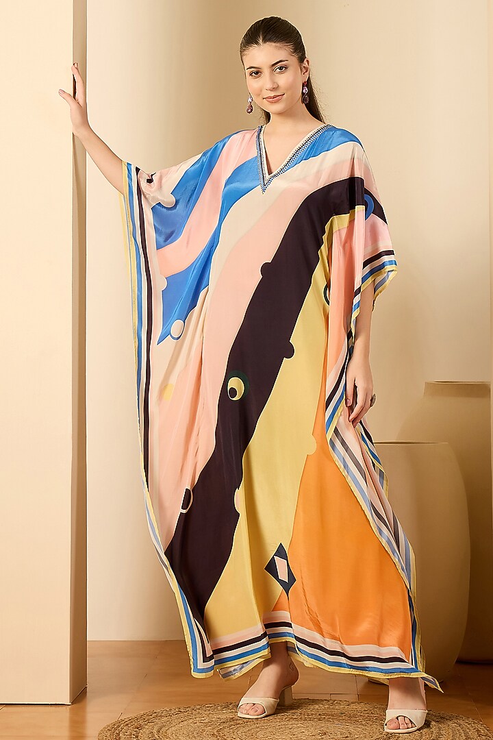 Blush Pink & Orange Viscose Crepe Printed Kaftan by First Resort by Ramola Bachchan at Pernia's Pop Up Shop