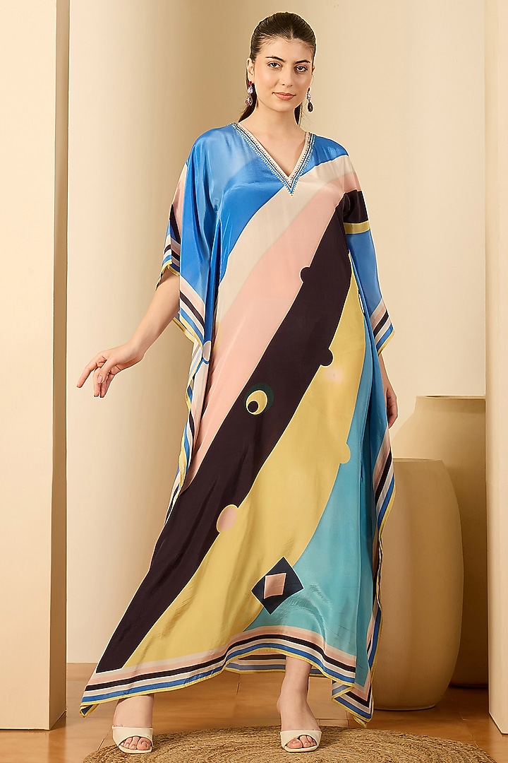 Blush Pink & Yellow Viscose Crepe Printed Kaftan by First Resort by Ramola Bachchan at Pernia's Pop Up Shop