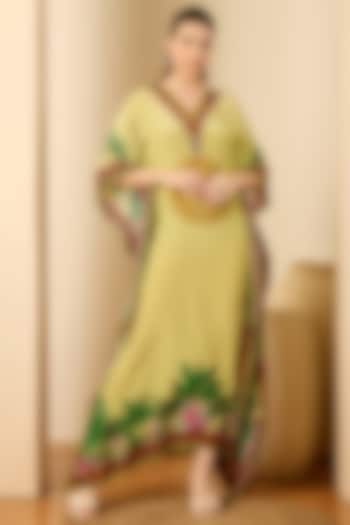 Lime Green Viscose Crepe Jungle Animal Printed Kaftan by First Resort by Ramola Bachchan at Pernia's Pop Up Shop