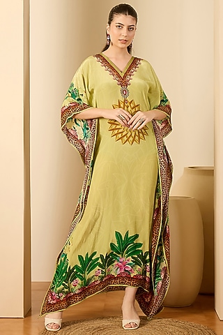 Lime Green Viscose Crepe Jungle Animal Printed Kaftan by First Resort by Ramola Bachchan