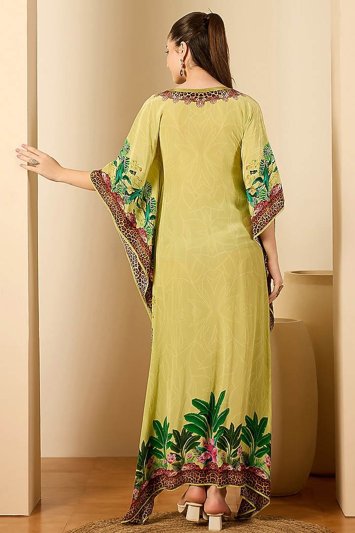 Lime Green Viscose Crepe Jungle Animal Printed Kaftan by First Resort by Ramola Bachchan at Pernia's Pop Up Shop