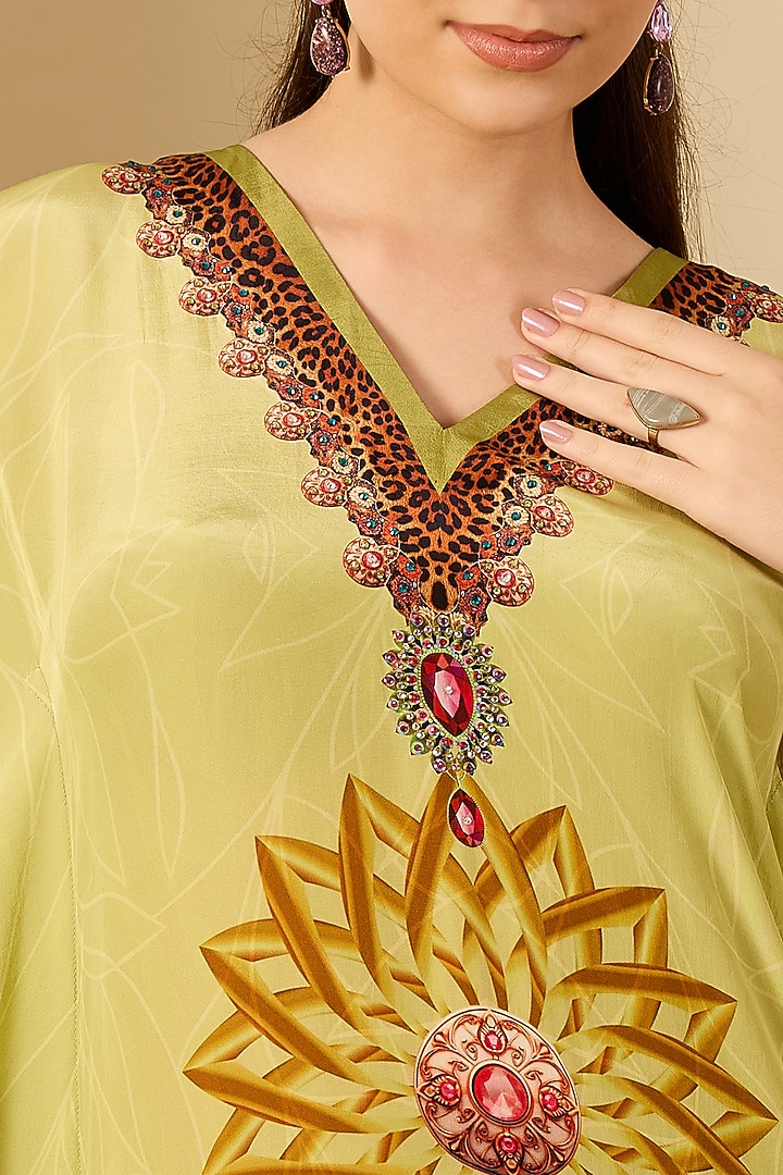 Lime Green Viscose Crepe Jungle Animal Printed Kaftan by First Resort by Ramola Bachchan at Pernia's Pop Up Shop