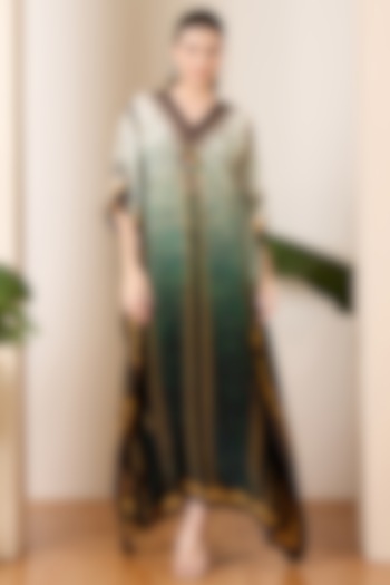 Emerald Green Viscose Crepe Stripe Printed Kaftan by First Resort by Ramola Bachchan at Pernia's Pop Up Shop