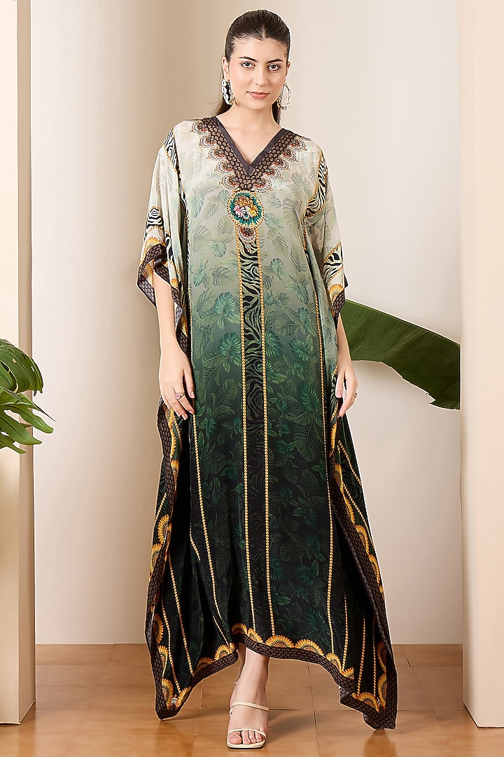 Emerald Green Viscose Crepe Stripe Printed Kaftan by First Resort by Ramola Bachchan at Pernia's Pop Up Shop