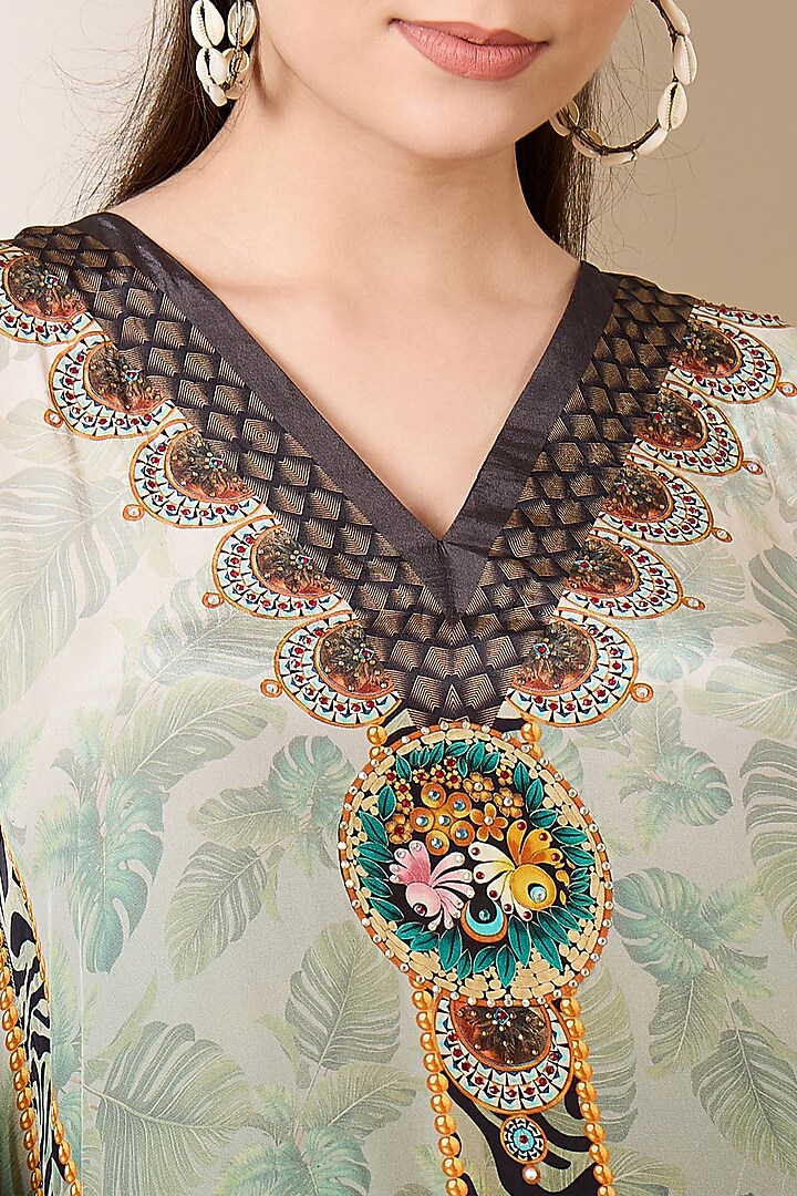 Emerald Green Viscose Crepe Stripe Printed Kaftan by First Resort by Ramola Bachchan at Pernia's Pop Up Shop