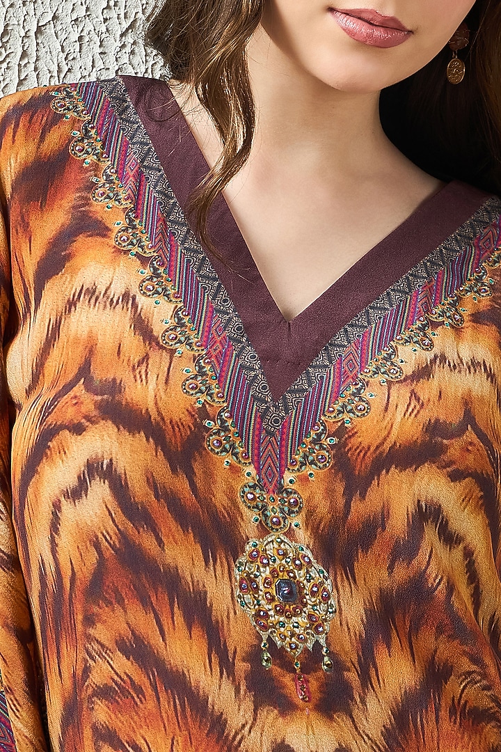 Brown Silk Crepe Animal Printed Kaftan by First Resort by Ramola Bachchan at Pernia's Pop Up Shop