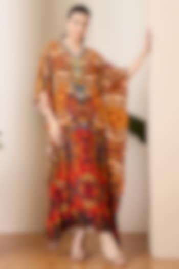Brown & Orange Silk Crepe Animal Printed Kaftan by First Resort by Ramola Bachchan at Pernia's Pop Up Shop