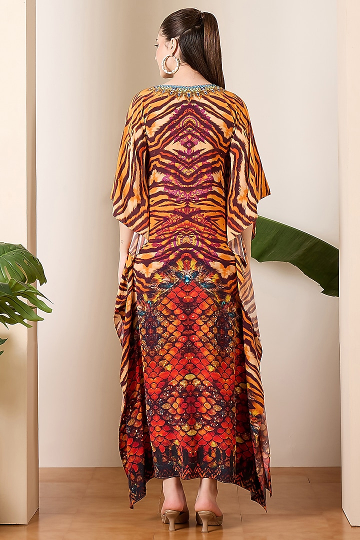 Brown & Orange Silk Crepe Animal Printed Kaftan by First Resort by Ramola Bachchan at Pernia's Pop Up Shop