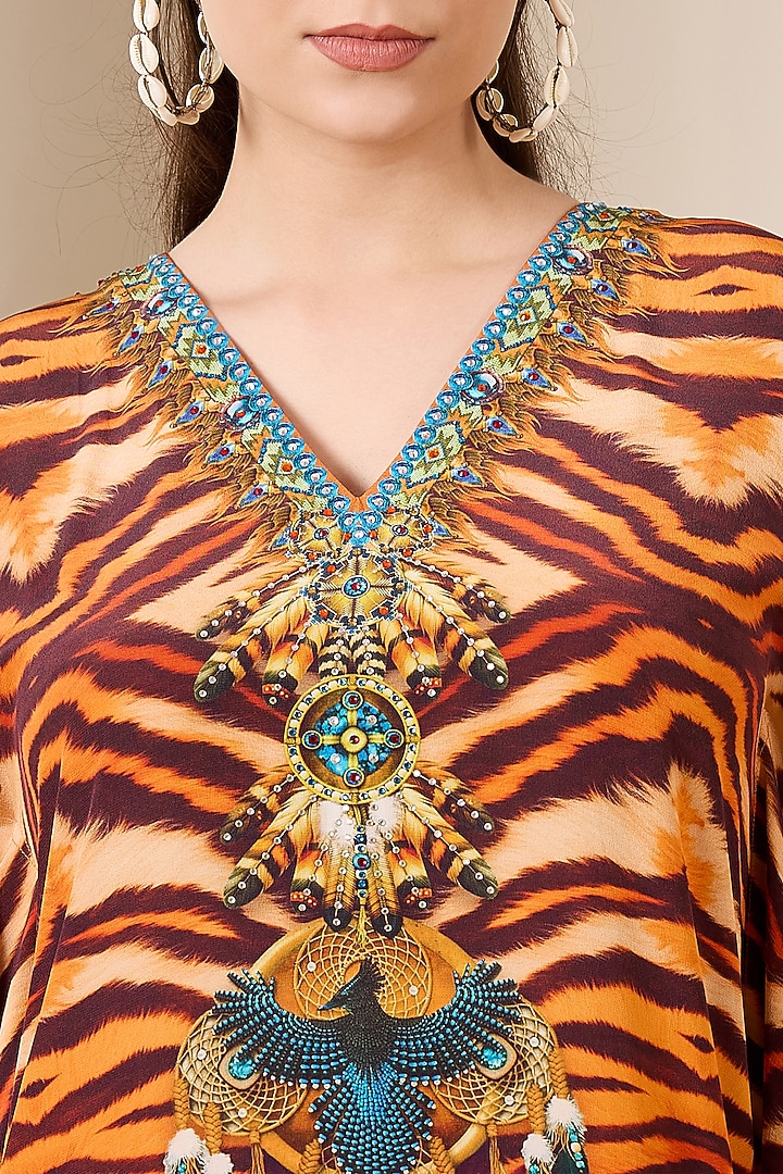 Brown & Orange Silk Crepe Animal Printed Kaftan by First Resort by Ramola Bachchan at Pernia's Pop Up Shop