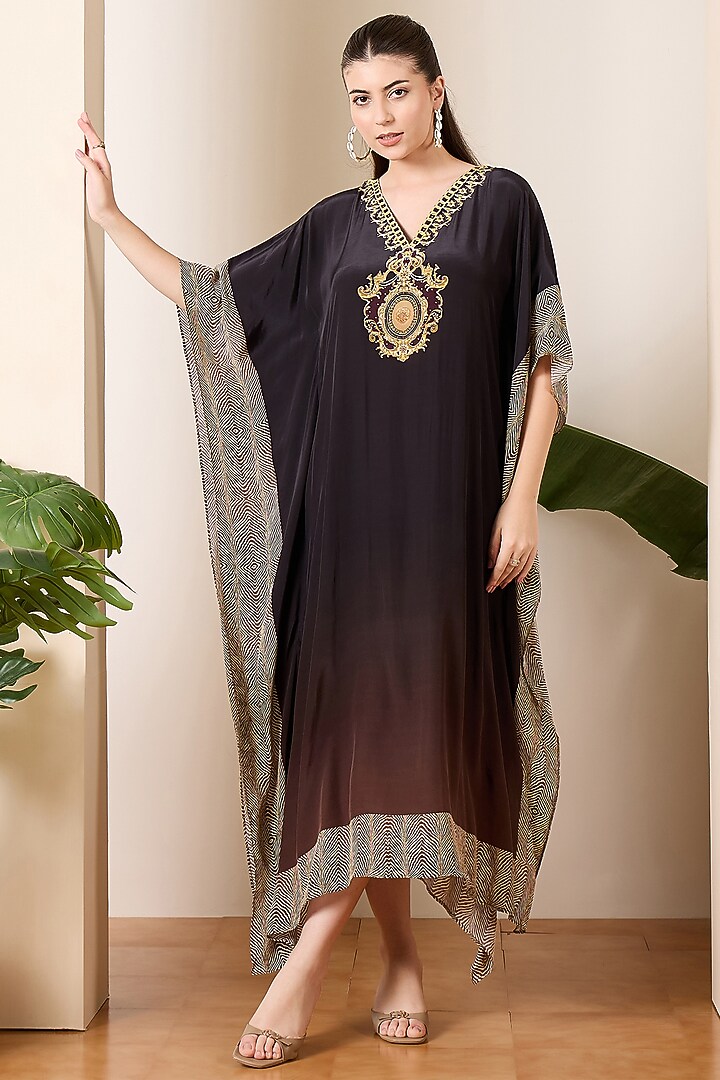 Black Viscose Crepe Baroque Printed Kaftan by First Resort by Ramola Bachchan at Pernia's Pop Up Shop