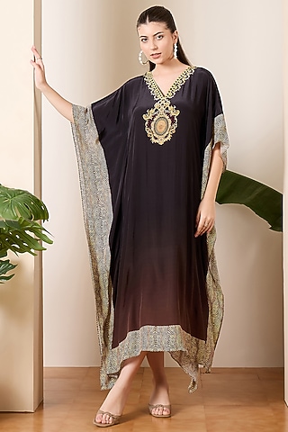 Black Viscose Crepe Baroque Printed Kaftan by First Resort by Ramola Bachchan