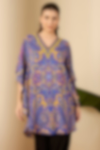Cobalt Blue Double Viscose Georgette Paisley Printed Kaftan by First Resort by Ramola Bachchan at Pernia's Pop Up Shop