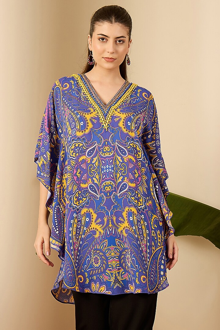 Cobalt Blue Double Viscose Georgette Paisley Printed Kaftan by First Resort by Ramola Bachchan at Pernia's Pop Up Shop