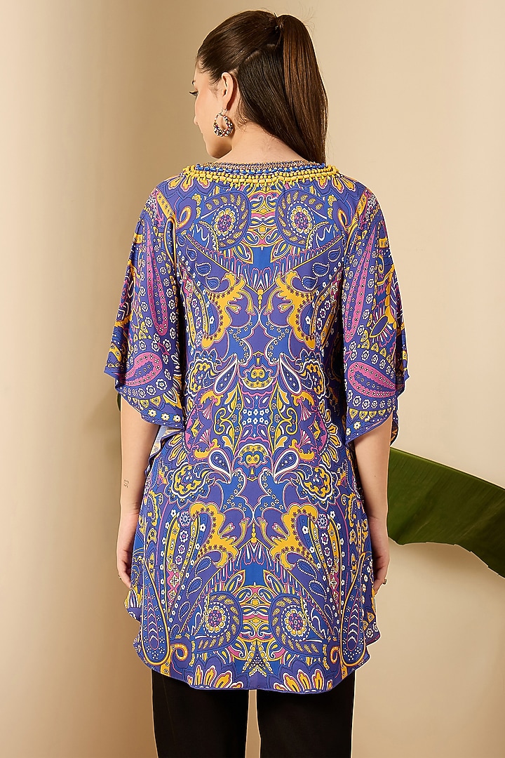 Cobalt Blue Double Viscose Georgette Paisley Printed Kaftan by First Resort by Ramola Bachchan at Pernia's Pop Up Shop