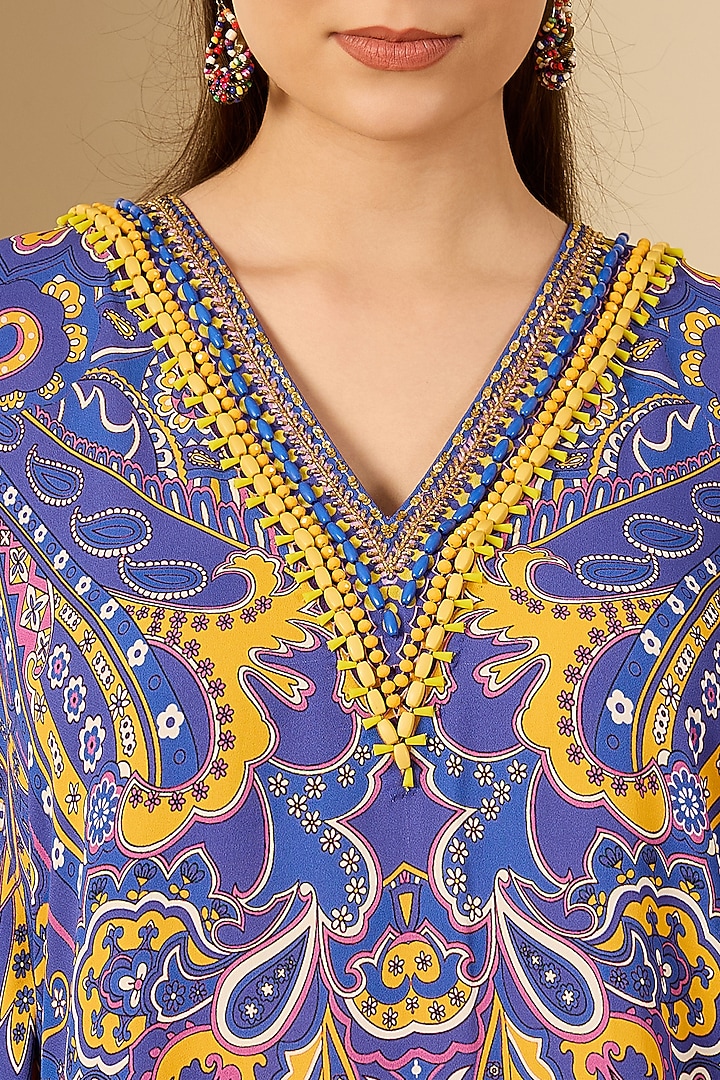 Cobalt Blue Double Viscose Georgette Paisley Printed Kaftan by First Resort by Ramola Bachchan at Pernia's Pop Up Shop
