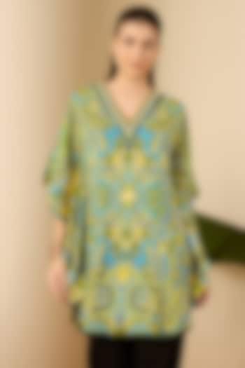 Olive Green Double Viscose Georgette Paisley Printed Kaftan by First Resort by Ramola Bachchan at Pernia's Pop Up Shop