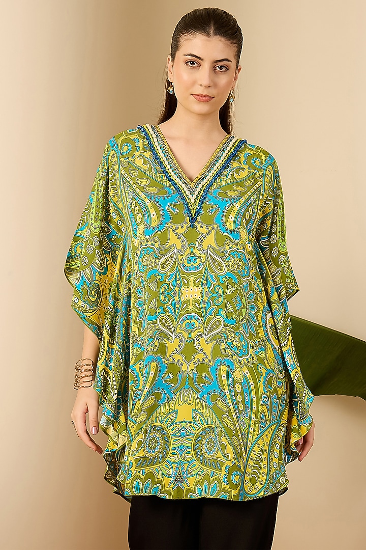 Olive Green Double Viscose Georgette Paisley Printed Kaftan by First Resort by Ramola Bachchan at Pernia's Pop Up Shop