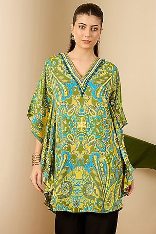 Olive Green Double Viscose Georgette Paisley Printed Kaftan by First Resort by Ramola Bachchan