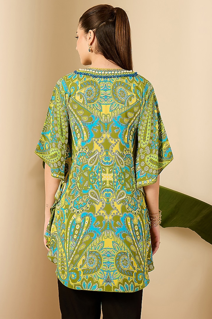 Olive Green Double Viscose Georgette Paisley Printed Kaftan by First Resort by Ramola Bachchan at Pernia's Pop Up Shop