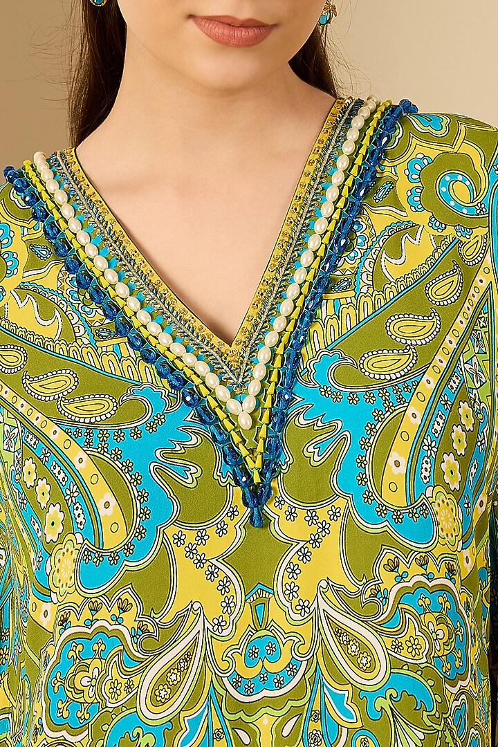 Olive Green Double Viscose Georgette Paisley Printed Kaftan by First Resort by Ramola Bachchan at Pernia's Pop Up Shop