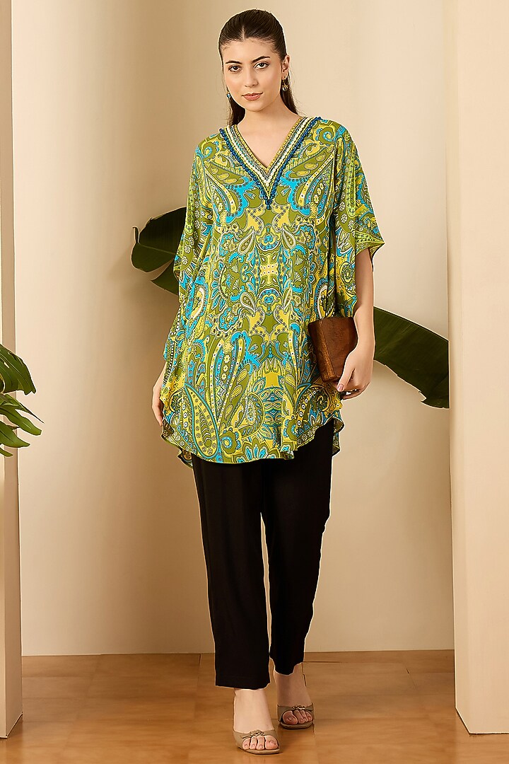 Olive Green Double Viscose Georgette Paisley Printed Kaftan by First Resort by Ramola Bachchan at Pernia's Pop Up Shop