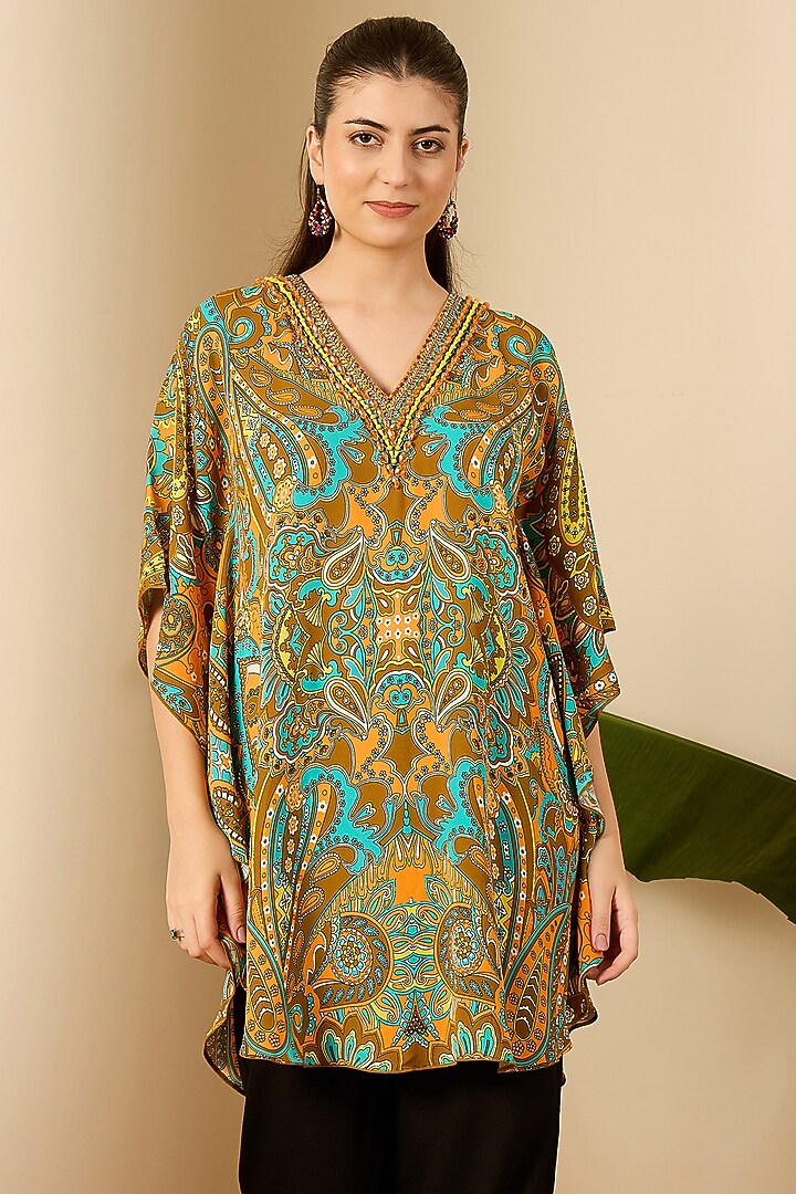 Orange Double Viscose Georgette Paisley Printed Kaftan by First Resort by Ramola Bachchan at Pernia's Pop Up Shop