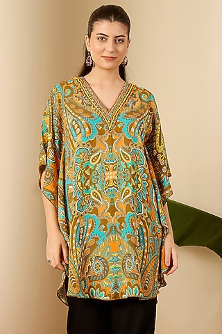 Orange Double Viscose Georgette Paisley Printed Kaftan by First Resort by Ramola Bachchan