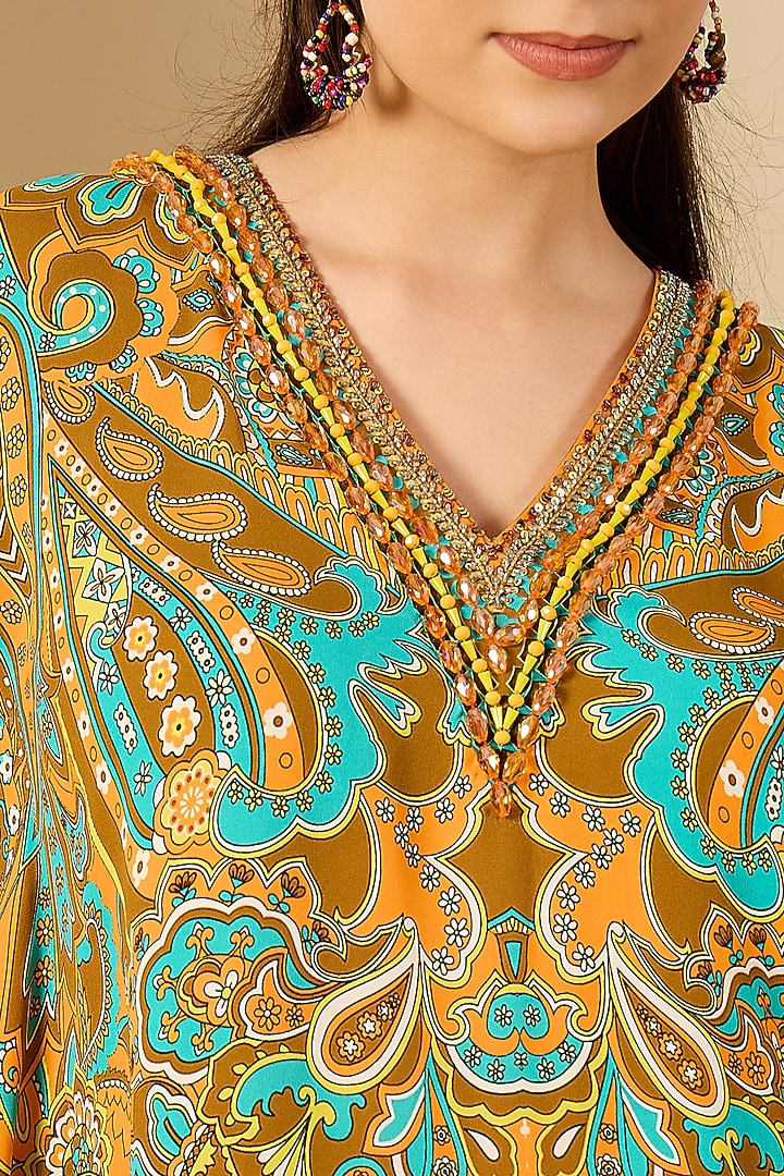 Orange Double Viscose Georgette Paisley Printed Kaftan by First Resort by Ramola Bachchan at Pernia's Pop Up Shop