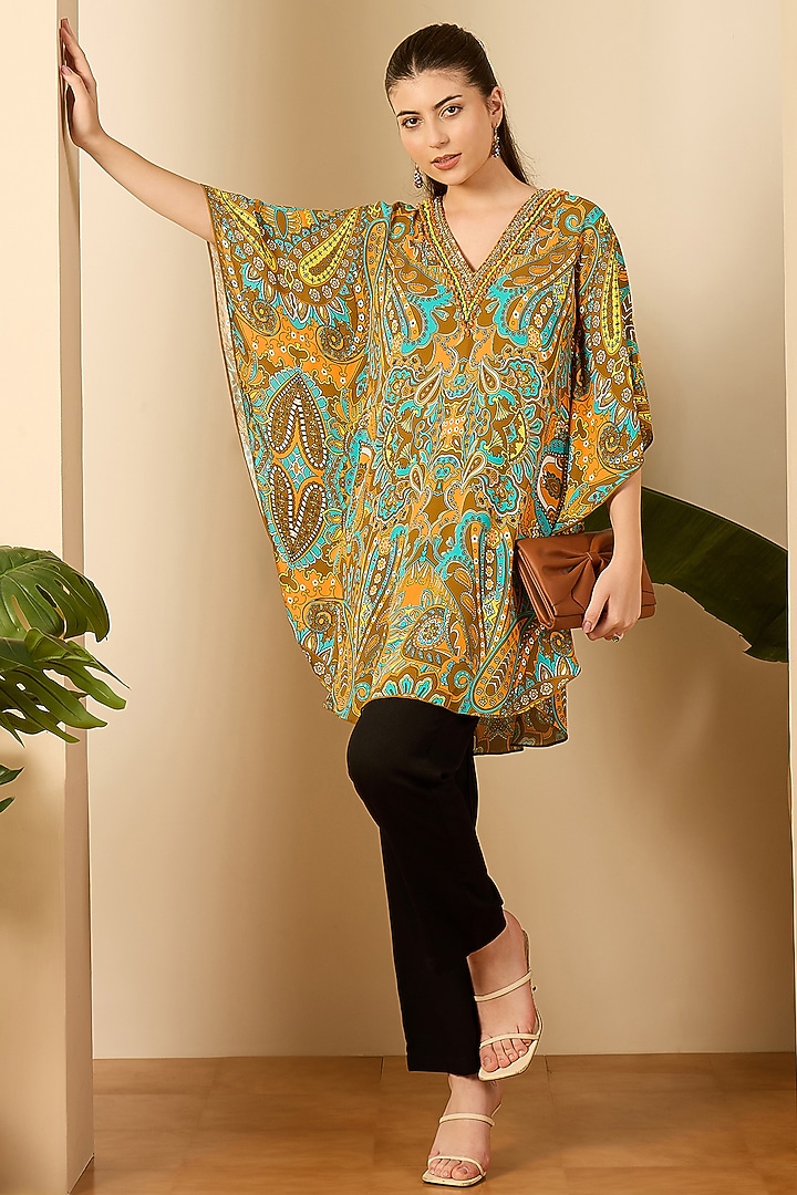 Orange Double Viscose Georgette Paisley Printed Kaftan by First Resort by Ramola Bachchan at Pernia's Pop Up Shop