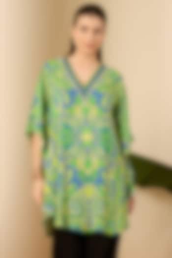 Emerald Green Double Viscose Georgette Paisley Printed Tunic by First Resort by Ramola Bachchan at Pernia's Pop Up Shop