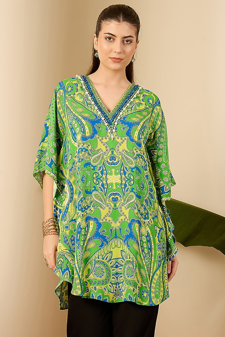 Emerald Green Double Viscose Georgette Paisley Printed Tunic by First Resort by Ramola Bachchan at Pernia's Pop Up Shop