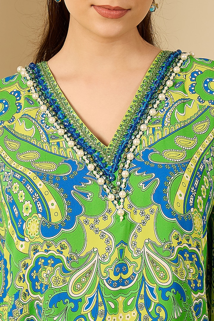 Emerald Green Double Viscose Georgette Paisley Printed Tunic by First Resort by Ramola Bachchan at Pernia's Pop Up Shop