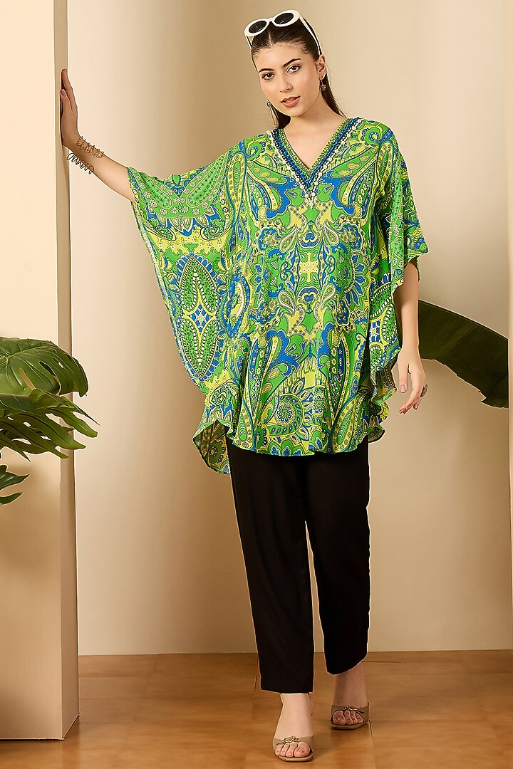 Emerald Green Double Viscose Georgette Paisley Printed Tunic by First Resort by Ramola Bachchan at Pernia's Pop Up Shop