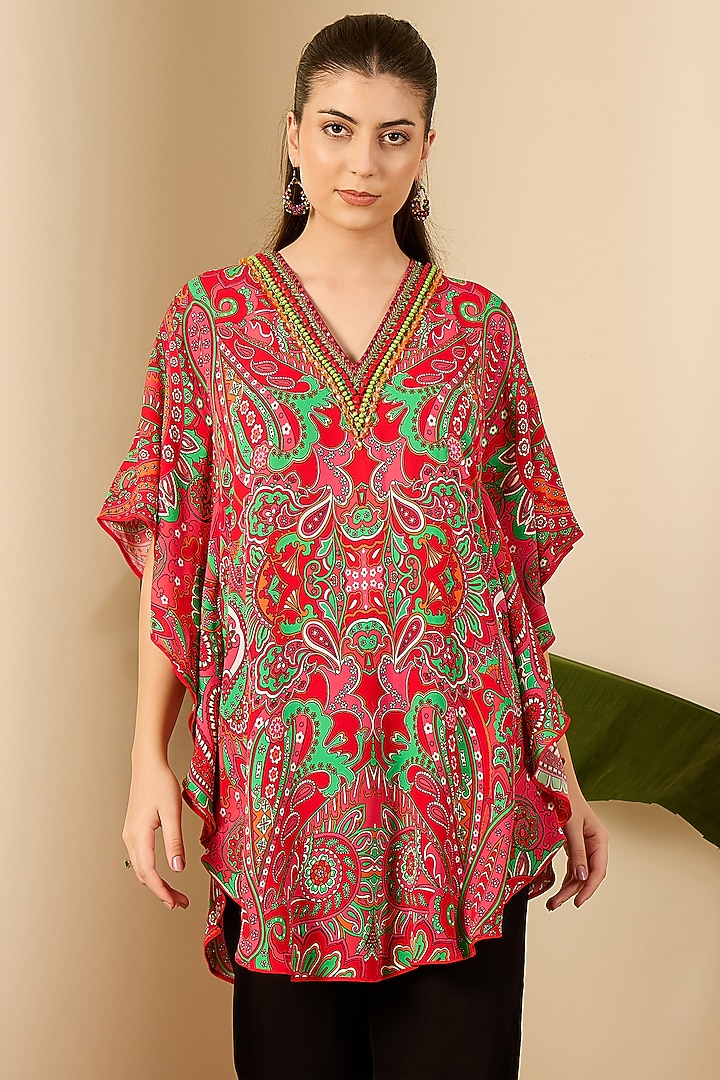 Red Double Viscose Georgette Paisley Printed Tunic by First Resort by Ramola Bachchan at Pernia's Pop Up Shop
