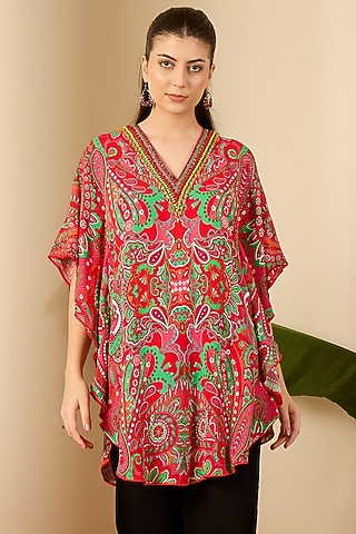 Red Double Viscose Georgette Paisley Printed Tunic by First Resort by Ramola Bachchan