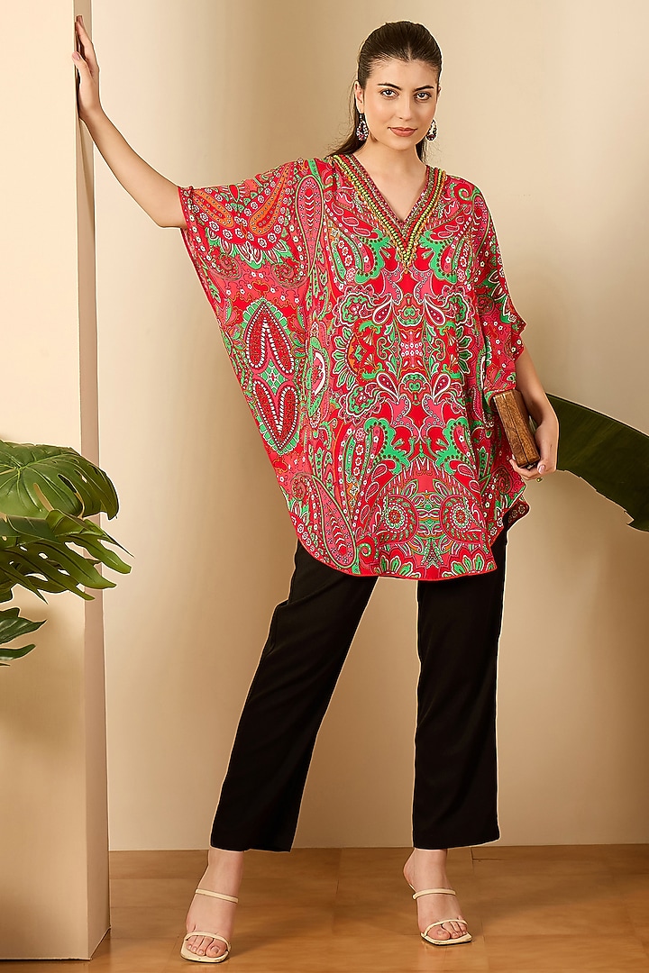 Red Double Viscose Georgette Paisley Printed Tunic by First Resort by Ramola Bachchan at Pernia's Pop Up Shop