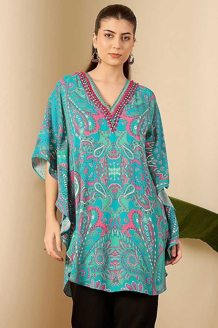 Mint Green Double Viscose Georgette Paisley Printed Tunic by First Resort by Ramola Bachchan at Pernia's Pop Up Shop