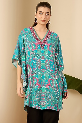 Mint Green Double Viscose Georgette Paisley Printed Tunic by First Resort by Ramola Bachchan