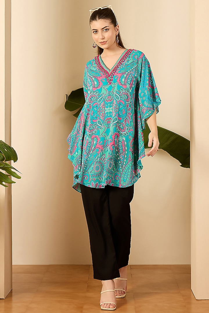 Mint Green Double Viscose Georgette Paisley Printed Tunic by First Resort by Ramola Bachchan at Pernia's Pop Up Shop