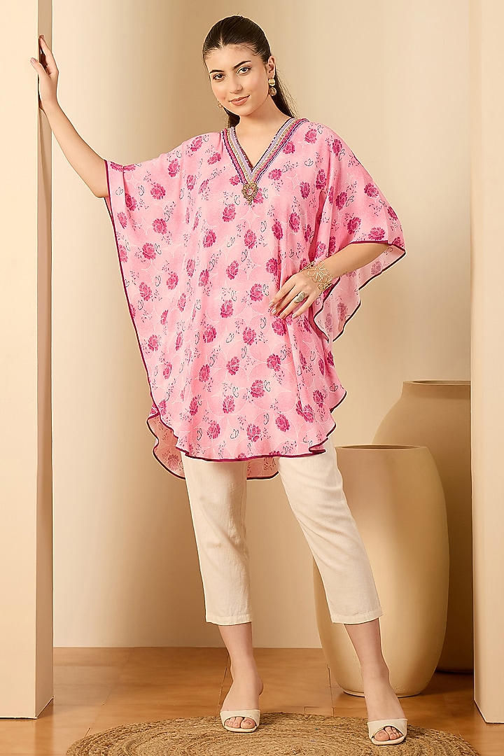 Blush Pink Double Viscose Georgette Floral Printed Tunic by First Resort by Ramola Bachchan at Pernia's Pop Up Shop