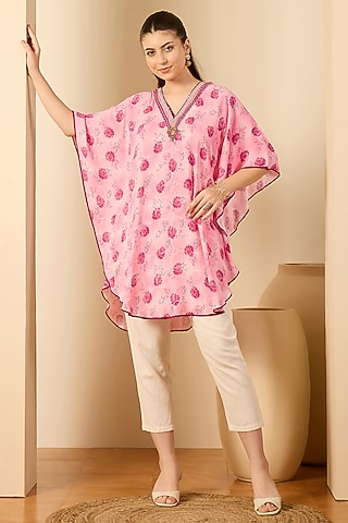 Blush Pink Double Viscose Georgette Floral Printed Tunic by First Resort by Ramola Bachchan