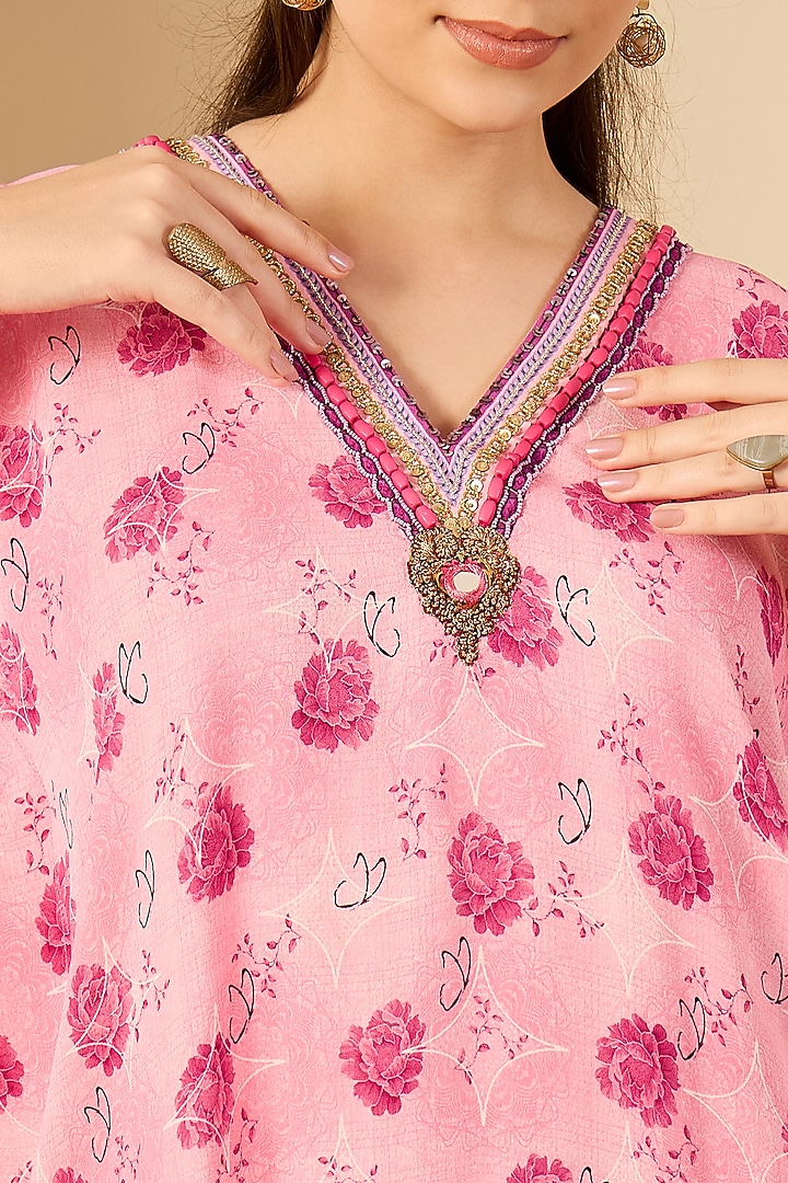 Blush Pink Double Viscose Georgette Floral Printed Tunic by First Resort by Ramola Bachchan at Pernia's Pop Up Shop