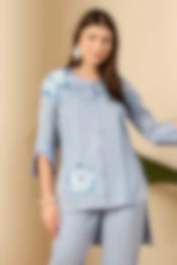 Sky Blue Cotton Satin Floral & Sequin Embroidered Shirt by First Resort by Ramola Bachchan at Pernia's Pop Up Shop