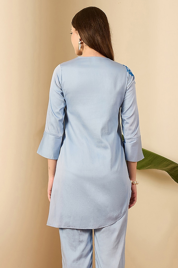 Sky Blue Cotton Satin Floral & Sequin Embroidered Shirt by First Resort by Ramola Bachchan at Pernia's Pop Up Shop