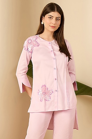 Lilac Cotton Satin Floral & Sequin Embroidered Shirt by First Resort by Ramola Bachchan