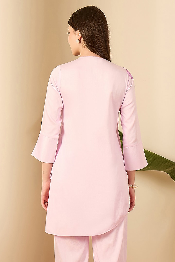 Lilac Cotton Satin Floral & Sequin Embroidered Shirt by First Resort by Ramola Bachchan at Pernia's Pop Up Shop